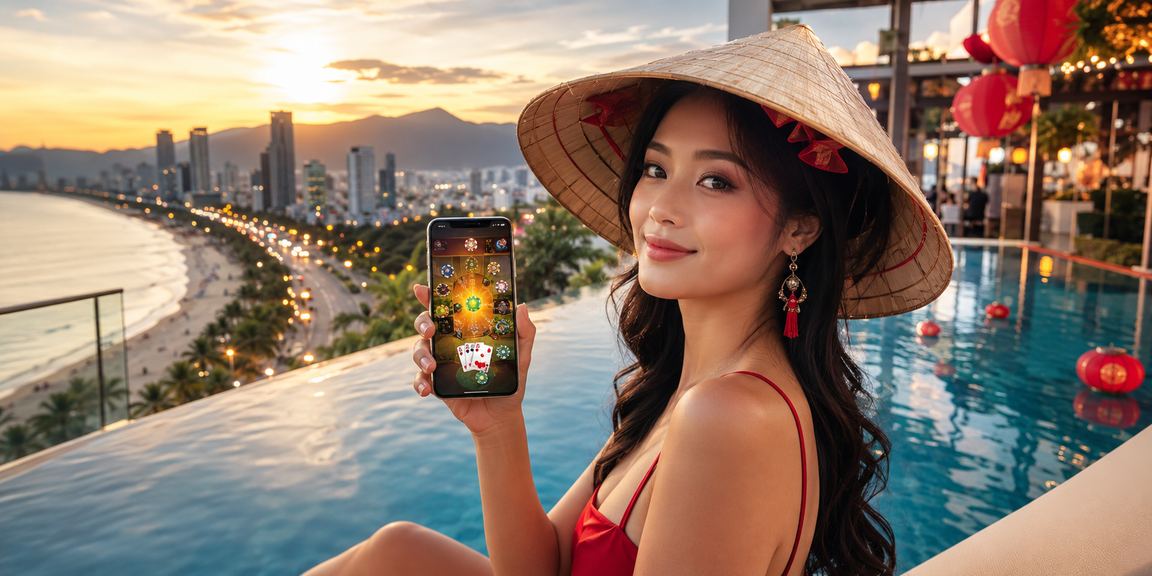 Người dùng tại Đà Nẵng chơi bài trực tuyến với nón lá truyền thống — văn hóa Việt gặp gỡ công nghệ